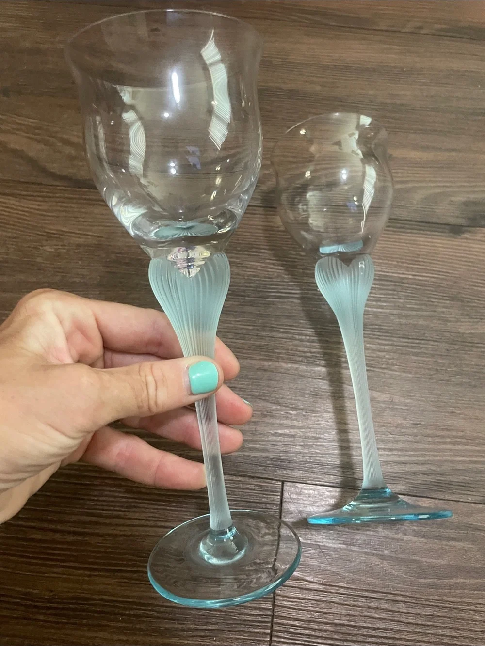 Sea Mist Turquoise Frosted Stem by MIKASA,2 wine glasses!EXCELLENT
